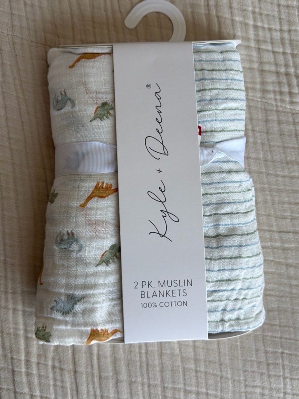 Dinos and Stripes! Kyle + Deena Kids Muslin Blanket Set - Green/Blue//White